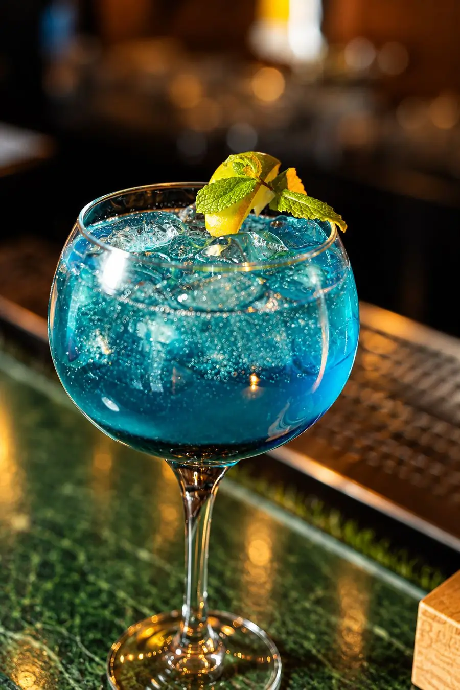 Drink azul com hortelã no balcão